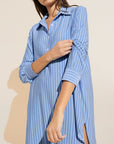 Model wears Gisele Printed TENCEL™ Modal Boyfriend Sleepshirt in Nordic Stripe Vista Blue.