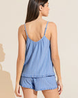 Model wears Gisele TENCEL™ Printed Modal Ruffle Cami & Shortie Short Set in Nordic Stripes Vista Blue.