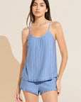 Model wears Gisele TENCEL™ Printed Modal Ruffle Cami & Shortie Short Set in Nordic Stripes Vista Blue.