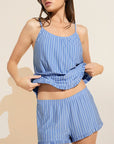 Model wears Gisele TENCEL™ Printed Modal Ruffle Cami & Shortie Short Set in Nordic Stripes Vista Blue.