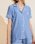 Model wears Gisele Printed TENCEL™ Modal Relaxed Short PJ Set in Nordic Stripes Vista Blue/Ivory.