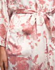 Model is wearing Inez Printed Washable Silk Short Robe in Ikebana Pearl