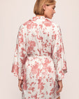 Model is wearing Inez Printed Washable Silk Short Robe in Ikebana Pearl