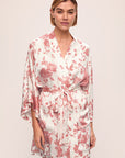 Model is wearing Inez Printed Washable Silk Short Robe in Ikebana Pearl