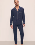 Model is wearing William TENCEL™ Modal Long PJ Set in True Navy/Ivory