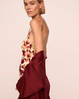 Model is wearing Inez Washable Silk Printed Long Slip and Long Robe in Botanical Flower Merlot and Merlot