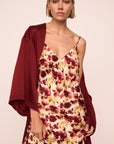 Model is wearing Inez Washable Silk Printed Long Slip and Long Robe in Botanical Flower Merlot and Merlot