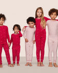 Kids wearing PJs in Duo Stripe Holly Red/Holly Red and Nutcracker Red/Ivory