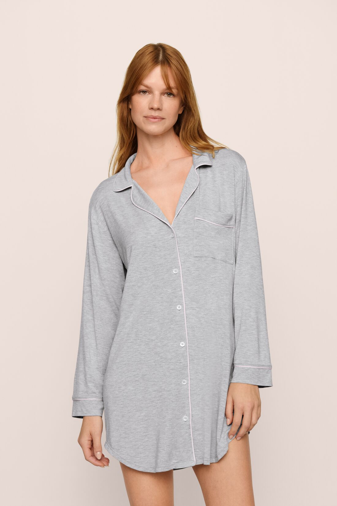 Model is wearing Gisele TENCEL™ Modal Sleepshirt in Heather Grey/Sorbet Pink