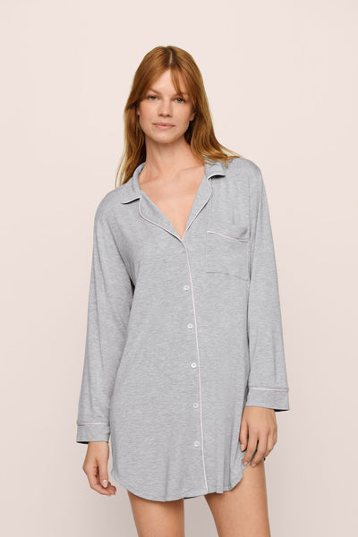 Model is wearing Gisele TENCEL™ Modal Sleepshirt in Heather Grey/Sorbet Pink