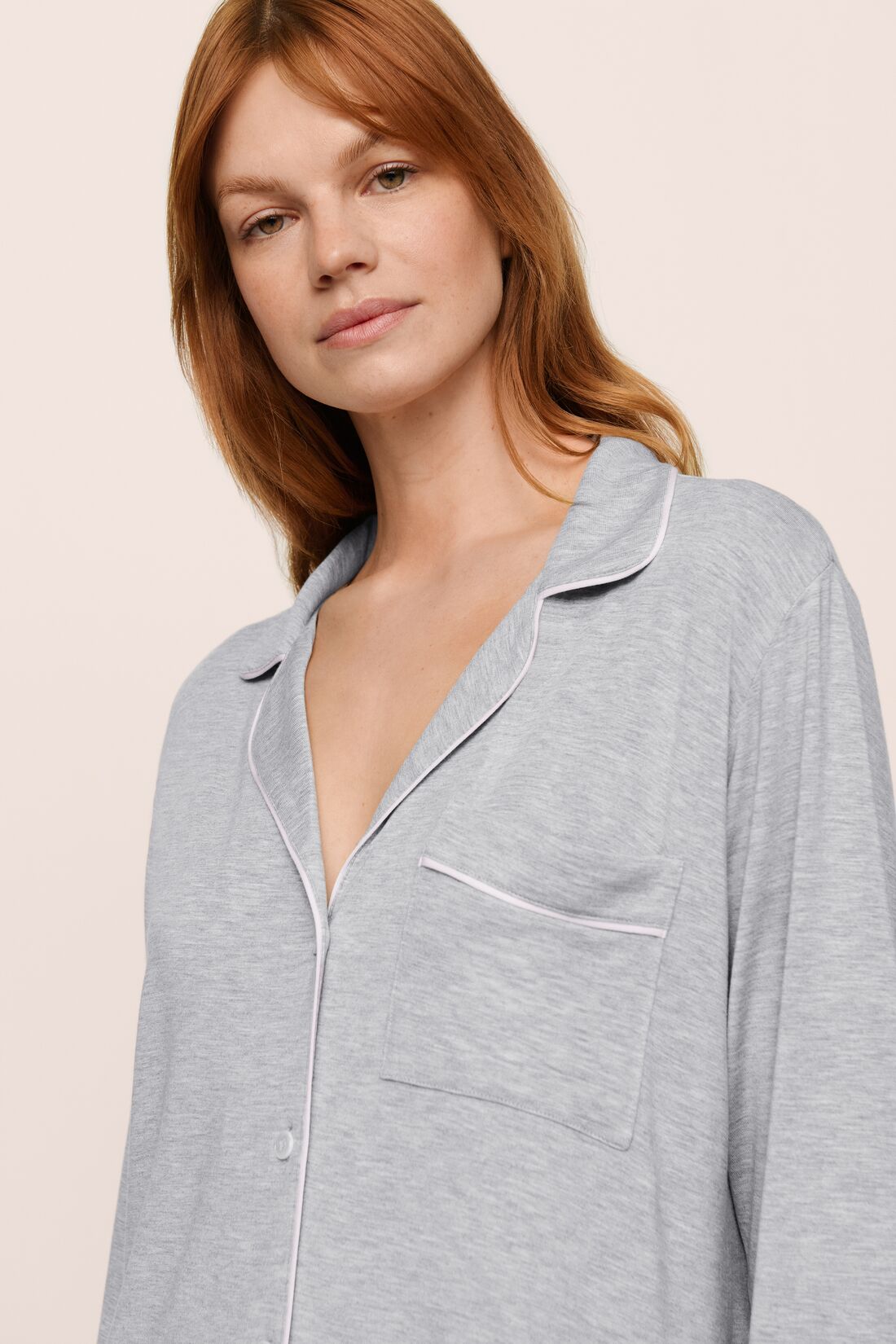 Model is wearing Gisele TENCEL™ Modal Sleepshirt in Heather Grey/Sorbet Pink
