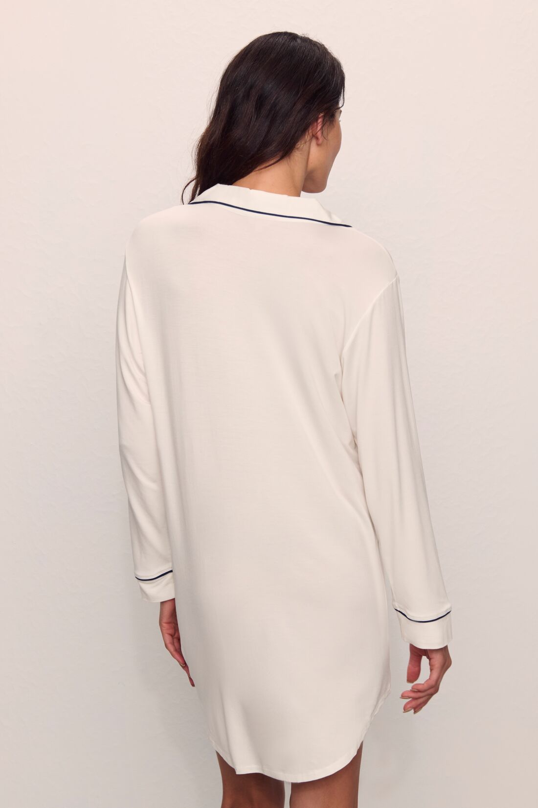 Model wears Gisele TENCEL™ Modal Sleepshirt in Pure Ivory/Navy
