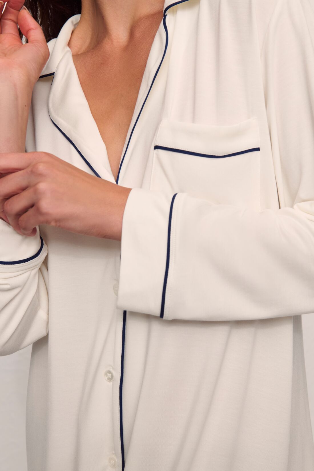 Model wears Gisele TENCEL™ Modal Sleepshirt in Pure Ivory/Navy