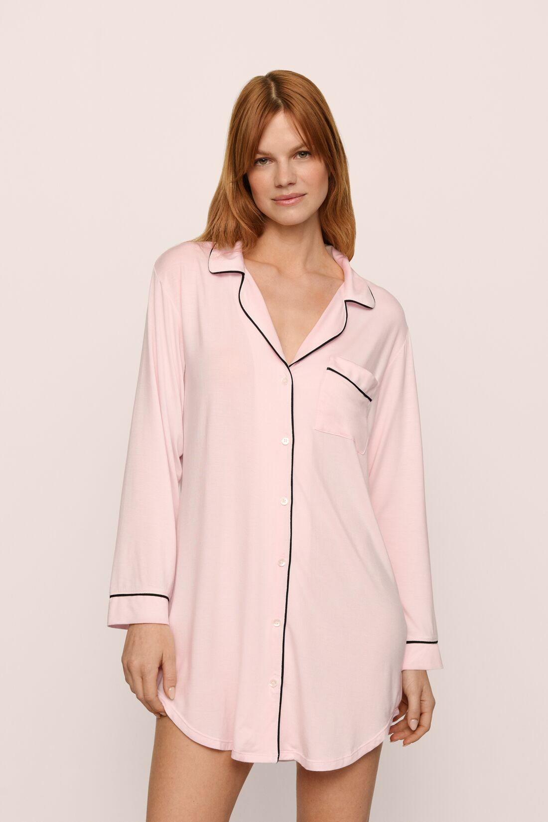 Model Is Wearing Gisele Sleepshirt In Sorbet Pink/Black