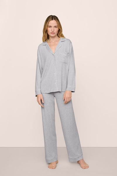 Model Is Wearing Gisele Long Pj Set In Heather Grey/Sorbet Pink