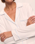 Model wears Gisele TENCEL™ Modal Long PJ Set in White/Ice Blue