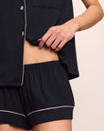 Model is wearing Gisele TENCEL™ Modal Shortie Short PJ Set in Black/Sorbet Pink
