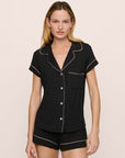 Model Is Wearing Gisele Shortie Pj Set In Black/Sorbet Pink