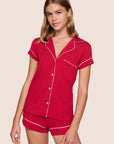 Model is wearing Gisele TENCEL™ Modal Shortie Short PJ Set in Holly Red/Ivory