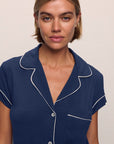 Model is wearing Gisele TENCEL™ Modal Shortie Short PJ Set in Navy/Ivory