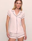 Model is wearing Gisele TENCEL™ Modal Shortie Short PJ Set in Sorbet Pink/Black