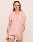Model is wearing the Gisele TENCEL™ Modal Shortie Short PJ Set in Silver Pink/Ivory