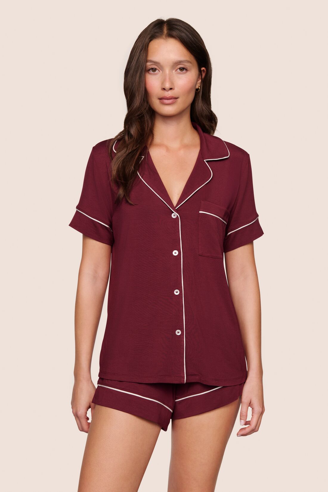 Model is wearing Gisele TENCEL™ Modal Relaxed Short PJ Set  in Bordeaux/Ivory