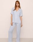 Model Is Wearing Gisele Short Sleeve PJ Pant Set In Ice Blue/Ivory