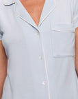 Model is wearing Gisele TENCEL™ Modal Short Sleeve Cropped PJ Set in Ice Blue/Ivory