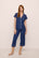 Model Is Wearing Gisele Short Sleeve Crop PJ Set In Navy/Ivory