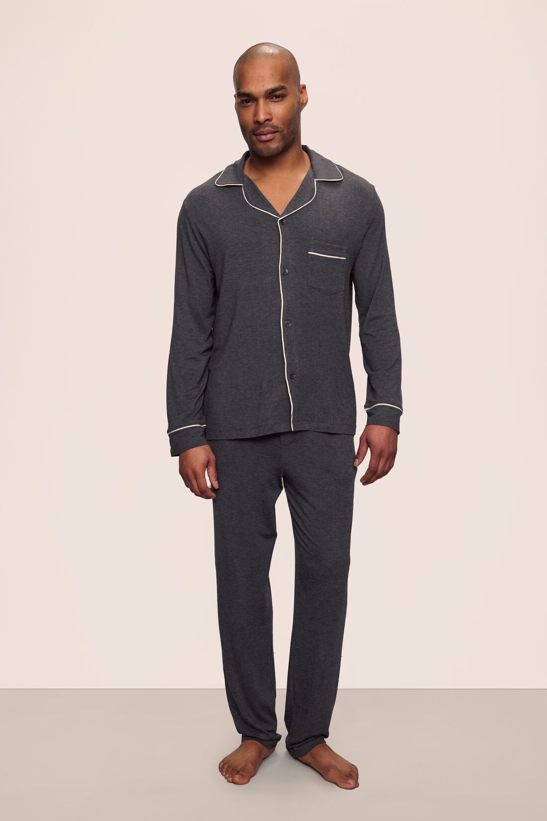 Model is wearing William TENCEL™ Modal Long PJ Set in Charcoal Heather/Ivory