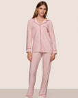 Model is wearing Gisele TENCEL™ Printed Modal Long PJ Set in Duo Stripe Holly Red/Holly Red