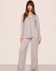 Model is wearing Gisele Printed TENCEL™ Modal Long PJ Set in Geo Sphere Gray Dawn