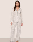 Model is wearing Gisele Printed TENCEL™ Modal Long PJ Set in Heart To Heart Black/Blk