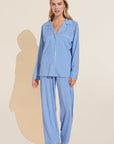 Model wears Gisele Printed TENCEL™ Modal Long PJ Set in Nordic Stripes Vista Blue/Ivory.
