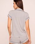 Model is wearing Gisele Printed TENCEL™ Modal Shortie Short PJ Set in Geo Sphere Gray Dawn