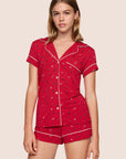 Model is wearing Gisele TENCEL™ Modal Printed Shortie Short PJ Set in Nutcracker Holly Red/Ivory