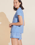 Model wears Gisele Printed TENCEL™ Modal Shortie Short PJ Set in Nordic Stripes Vista Blue/Ivory.