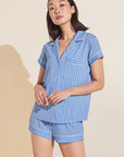 Model wears Gisele Printed TENCEL™ Modal Shortie Short PJ Set in Nordic Stripes Vista Blue/Ivory.