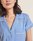 Model wears Gisele Printed TENCEL™ Modal Shortie Short PJ Set in Nordic Stripes Vista Blue/Ivory.