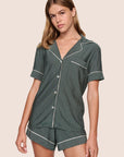 Model is wearing Gisele Printed TENCEL™ Modal Relaxed Short PJ Set in Duo Stripe Pine/Ivory