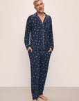 Model wears William Printed TENCEL™ Modal Long PJ Set in Woodland Pine Navy/Ivory.