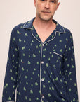 Model wears William Printed TENCEL™ Modal Long PJ Set in Woodland Pine Navy/Ivory.