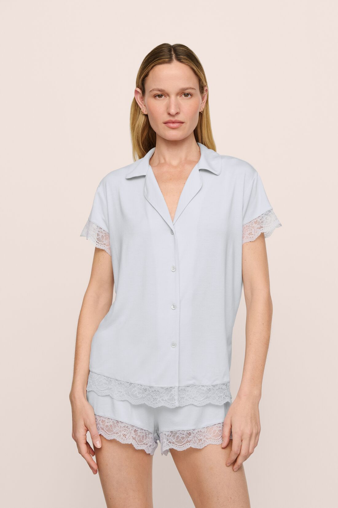 Model Is Wearing Malou Short Pj Set In Ice Blue