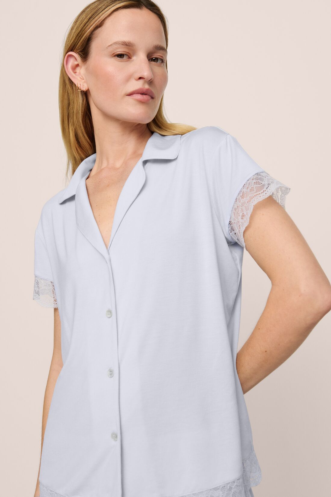 Model Is Wearing Malou Short Pj Set In Ice Blue