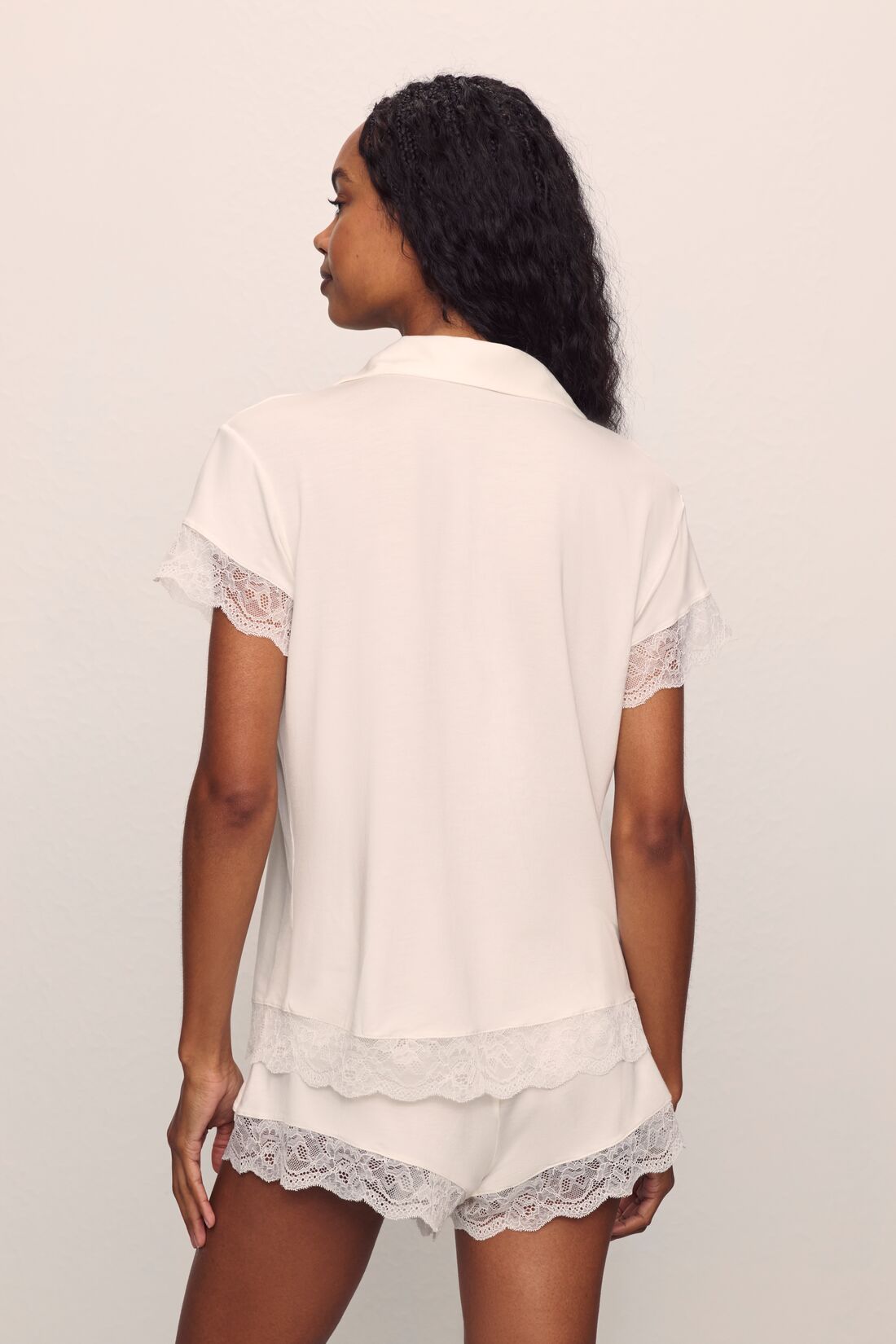 Model is wearing Malou TENCEL™ Modal Shortie Short PJ Set in Ivory