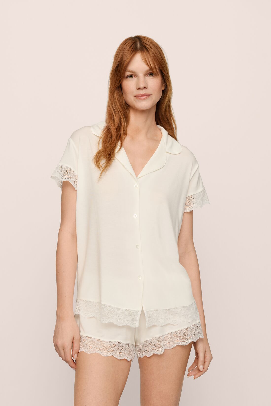 Model Is Wearing Malou Short Pj Set In Ivory