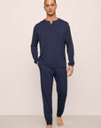 Model Is Wearing Henry Long Pj Set In True Navy