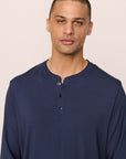 Model Is Wearing Henry Long Pj Set In True Navy