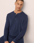 Model Is Wearing Henry Long Pj Set In True Navy